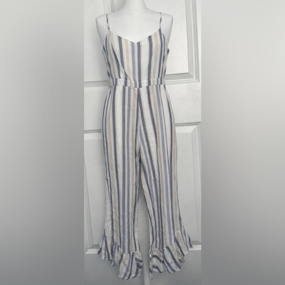 Fate Women’s Linen Cotton Striped Sleeveless Jumpsuit Wide Leg Blue Gray Size L